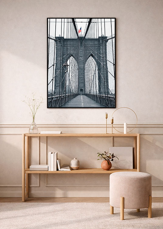 New York Brooklyn Bridge silta mustavalkoinen valokuvajuliste olohuoneessa