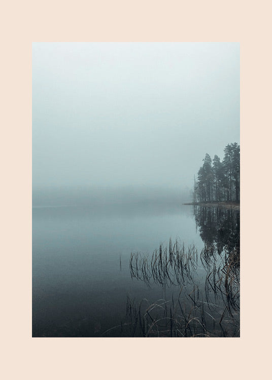 Isojoki Spitaalijärvi – Aamun usva -juliste, jossa sumuinen järvimaisema ja rantaa reunustavat puut.